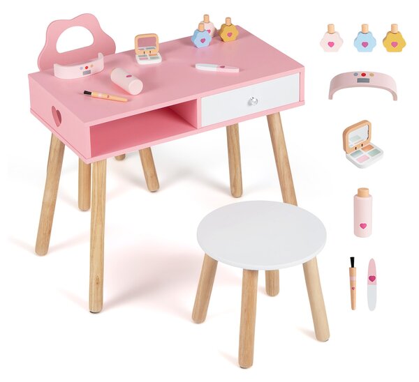 Costway Set 2 in 1 tavolo manicure per bambini con 2 sedie toeletta, Tavolino unghie con scrivania in legno con cassetto e scomparto rosa