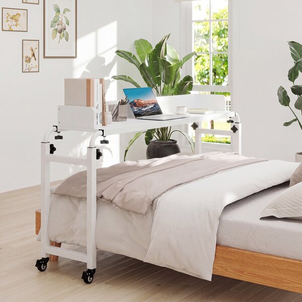 Costway Scrivania mobile per letto matrimoniale con altezza e lunghezza regolabili telaio in metallo, Scrivania sopra-il-letto con ruote Bianco
