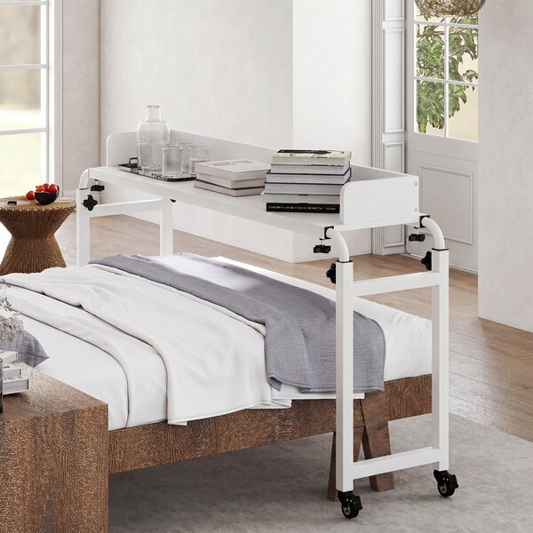 Costway Scrivania mobile per letto matrimoniale con altezza e lunghezza regolabili telaio in metallo, Scrivania sopra-il-letto con ruote Bianco