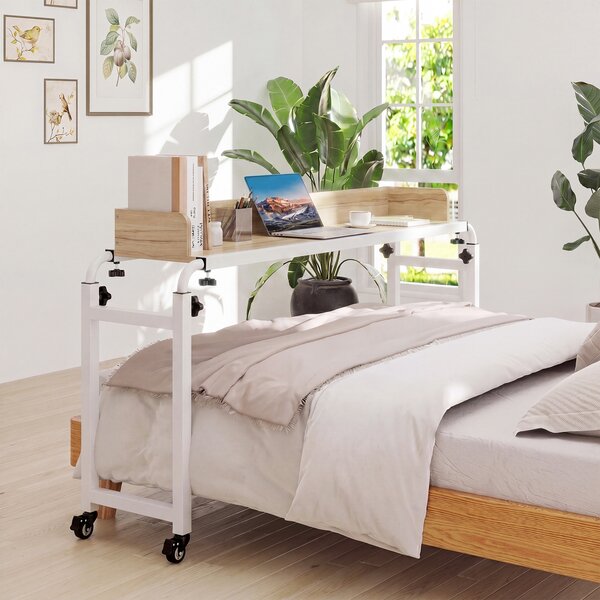 Costway Scrivania mobile per letto matrimoniale con altezza e lunghezza regolabili telaio in metallo, Scrivania sopra-il-letto con ruote Naturale