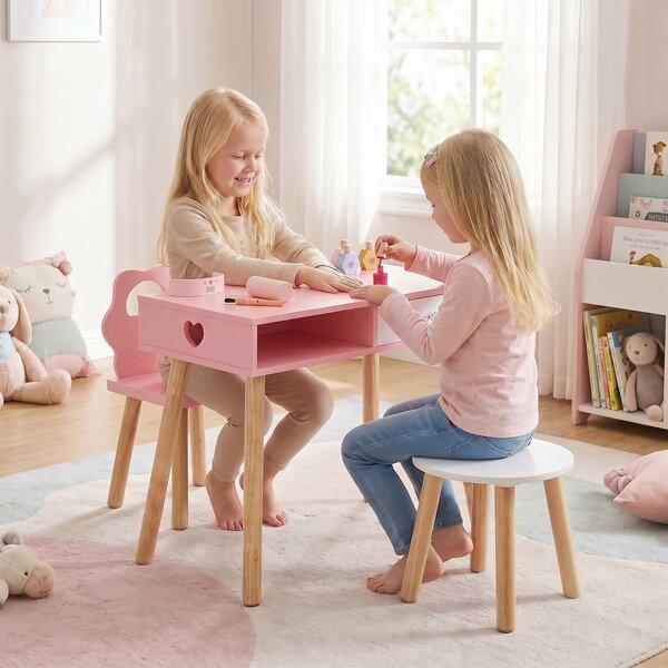 Costway Set 2 in 1 tavolo manicure per bambini con 2 sedie toeletta, Tavolino unghie con scrivania in legno con cassetto e scomparto rosa