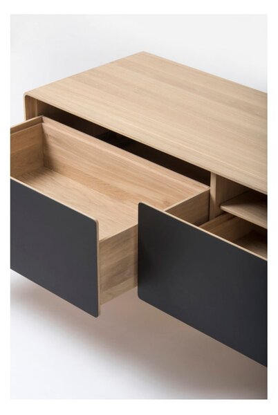 Tavolo TV in legno di quercia di colore nero-naturale 200x48 cm Fina - Gazzda