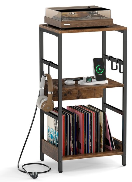 Costway Supporto per giradischi a 3 livelli con stazione di ricarica e 3 ganci, Mobile porta giradischi in legno industriale