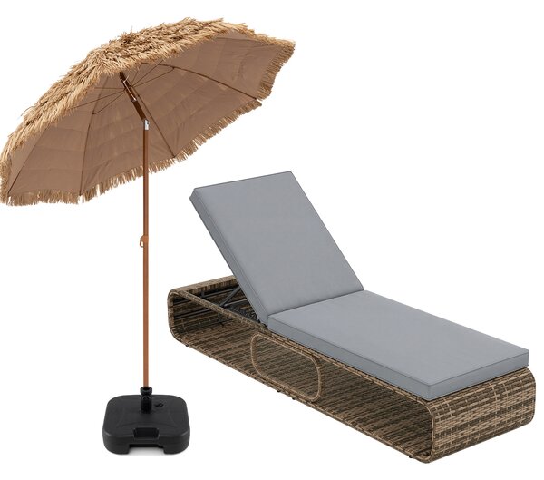 Costway Ombrellone da patio con base quadrata e lettino, Ombrellone da 208cm con supporto in metallo e cuscino Grigio