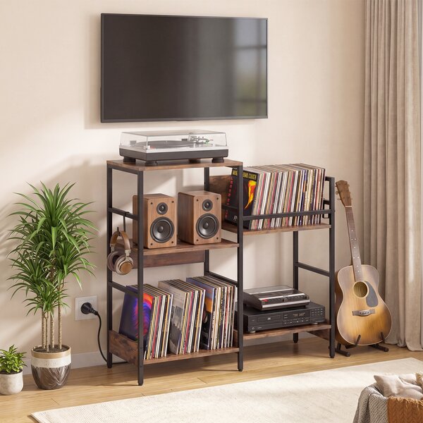 Costway Mobile per giradischi con 3 ripiani scomparto ripiano porta vinili e 3 ganci, Supporto per vinile con stazione di ricarica