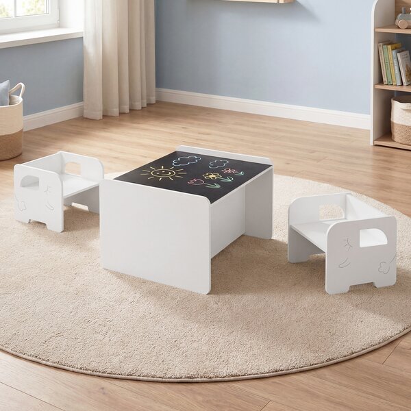 Costway Set tavolo e 2 sedie per bambini con lavagna per disegnare e piedini antiscivolo, Tavolo e sedie multifunzionale design salvaspazio Bianco