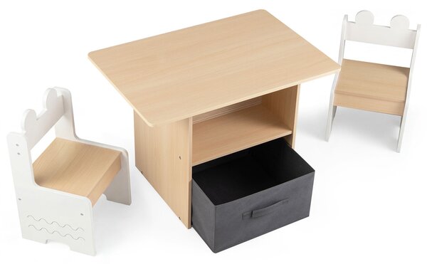 Costway Set di tavolo e 2 sedie per bambini con scomparti doppio lato e cassetto pieghevole in tessuto, Tavolo e 2 sedie in legno Bianco