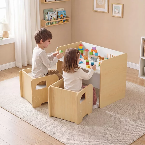 Costway Set tavolo e 2 sedie per bambini con lavagna per disegnare e piedini antiscivolo, Tavolo e sedie multifunzionale design salvaspazio Naturale