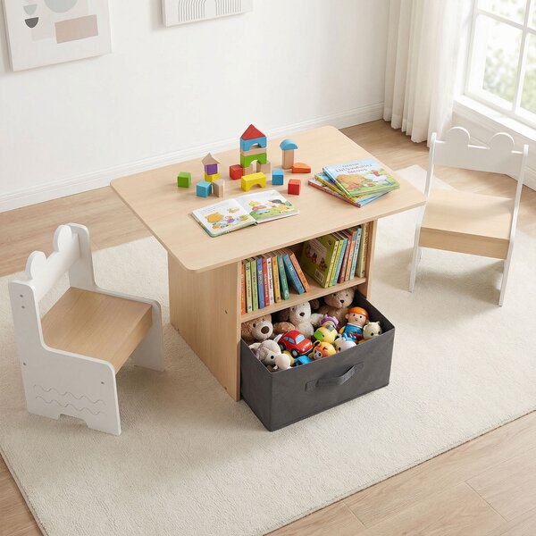 Costway Set di tavolo e 2 sedie per bambini con scomparti doppio lato e cassetto pieghevole in tessuto, Tavolo e 2 sedie in legno Bianco