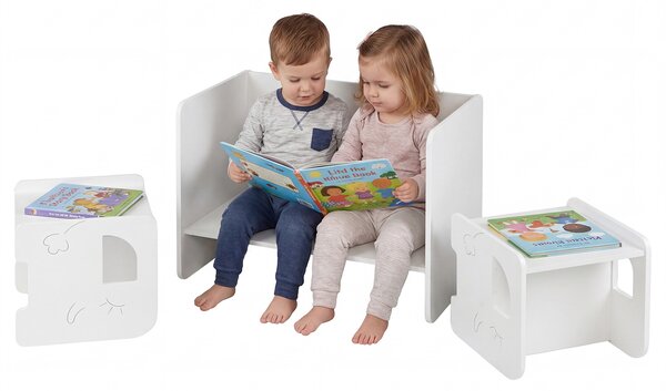Costway Set tavolo e 2 sedie per bambini con lavagna per disegnare e piedini antiscivolo, Tavolo e sedie multifunzionale design salvaspazio Bianco