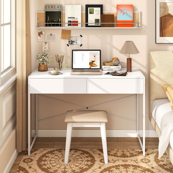 Costway Scrivania compatta con robusto telaio in metallo di lavoro multiuso per camera da letto, Scrivania per computer con 2 cassetti Bianco