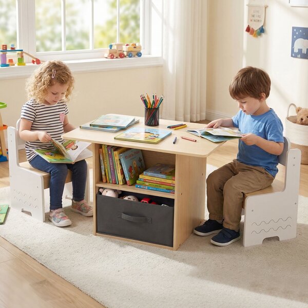 Costway Set di tavolo e 2 sedie per bambini con scomparti doppio lato e cassetto pieghevole in tessuto, Tavolo e 2 sedie in legno Bianco