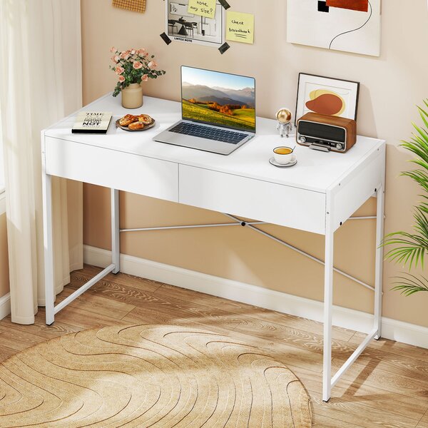 Costway Scrivania compatta con robusto telaio in metallo di lavoro multiuso per camera da letto, Scrivania per computer con 2 cassetti Bianco