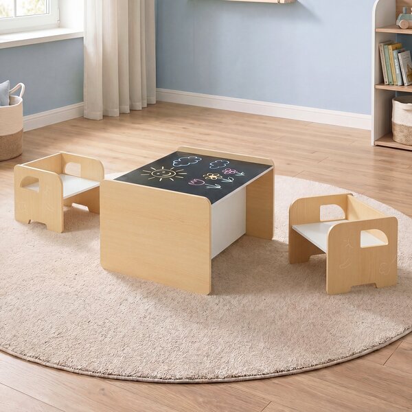 Costway Set tavolo e 2 sedie per bambini con lavagna per disegnare e piedini antiscivolo, Tavolo e sedie multifunzionale design salvaspazio Naturale