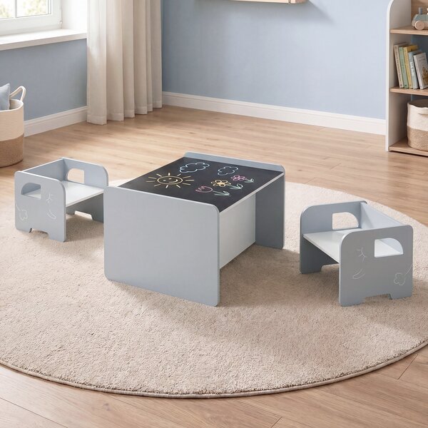 Costway Set tavolo e 2 sedie per bambini con lavagna per disegnare e piedini antiscivolo, Tavolo e sedie multifunzionale design salvaspazio Grigio