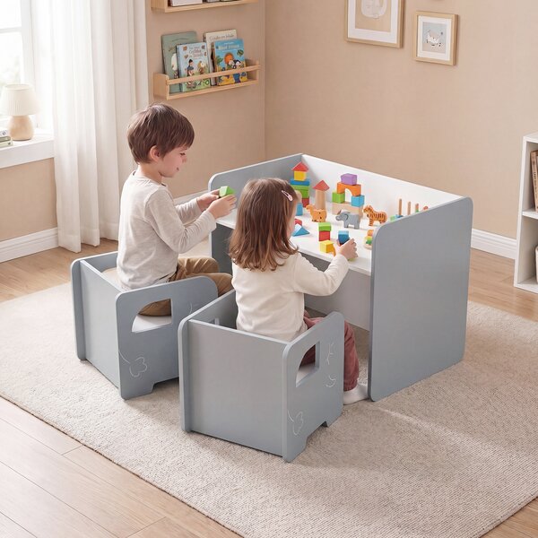 Costway Set tavolo e 2 sedie per bambini con lavagna per disegnare e piedini antiscivolo, Tavolo e sedie multifunzionale design salvaspazio Grigio
