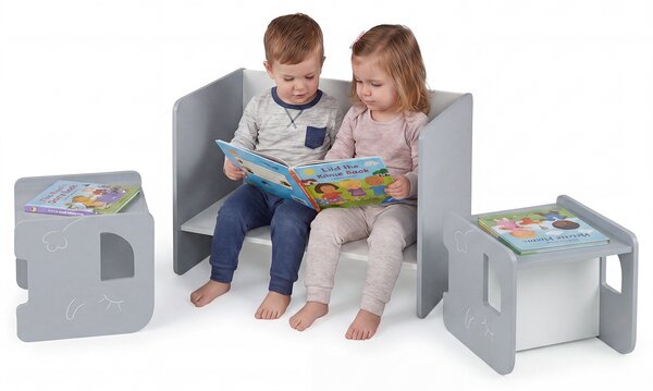 Costway Set tavolo e 2 sedie per bambini con lavagna per disegnare e piedini antiscivolo, Tavolo e sedie multifunzionale design salvaspazio Grigio