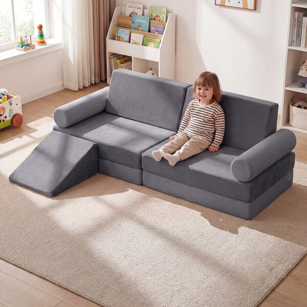 Costway Divano componibile per bambini con rivestimento in velluto cristallo, Divanetto modurale sottovuoto a 10 pezzi Grigio