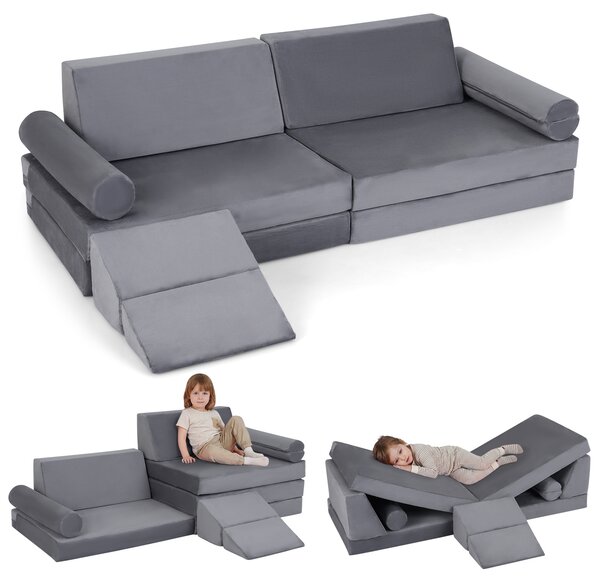 Costway Divano componibile per bambini con rivestimento in velluto cristallo, Divanetto modurale sottovuoto a 10 pezzi Grigio
