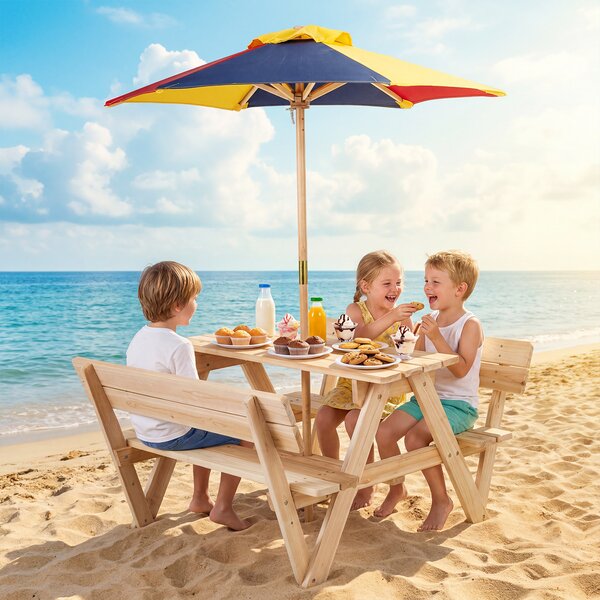 Costway Tavolo da picnic per bambini con ombrellone regolabile in altezza e struttura in legno massello, Set tavolo e panche da giardino