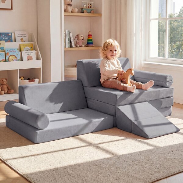 Costway Divano componibile per bambini con rivestimento in velluto cristallo, Divanetto modurale sottovuoto a 10 pezzi Grigio