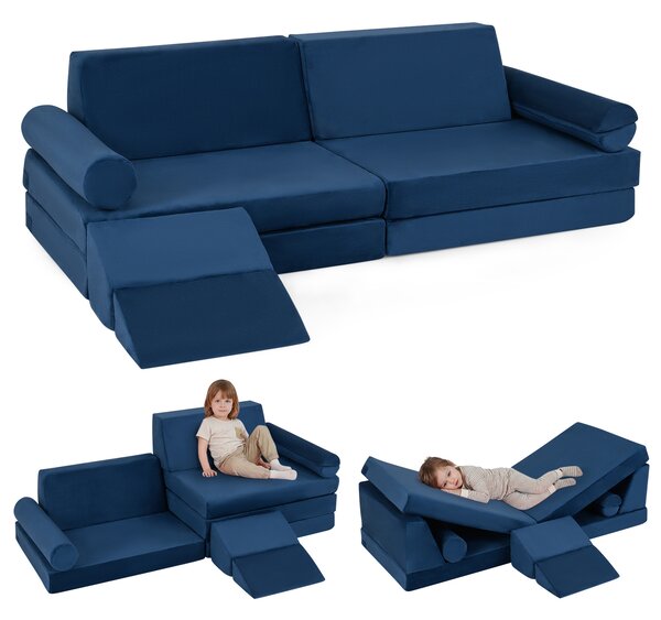 Costway Divano componibile per bambini con rivestimento in velluto cristallo, Divanetto modurale sottovuoto a 10 pezzi Blu