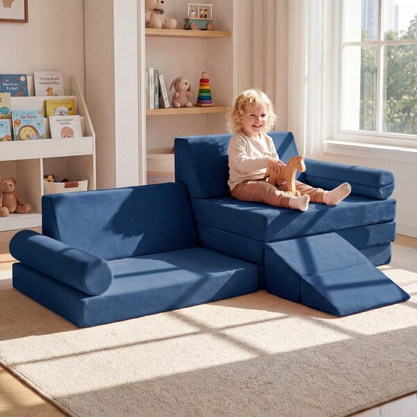 Costway Divano componibile per bambini con rivestimento in velluto cristallo, Divanetto modurale sottovuoto a 10 pezzi Blu