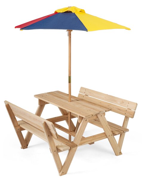 Costway Tavolo da picnic per bambini con ombrellone regolabile in altezza e struttura in legno massello, Set tavolo e panche da giardino