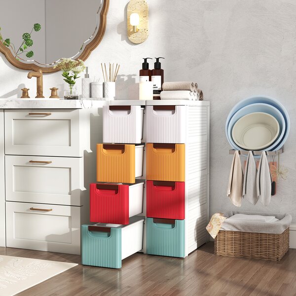 Costway Mobiletto di stoccaggio stretto per spazi ridotti, Unità organizzatrice a 4 cassetti con ruote incorporate Colorato