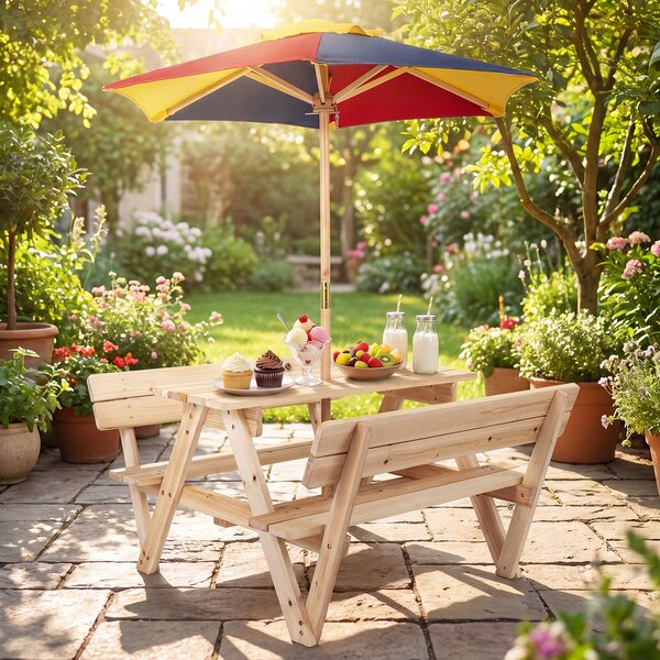 Costway Tavolo da picnic per bambini con ombrellone regolabile in altezza e struttura in legno massello, Set tavolo e panche da giardino