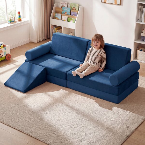 Costway Divano componibile per bambini con rivestimento in velluto cristallo, Divanetto modurale sottovuoto a 10 pezzi Blu