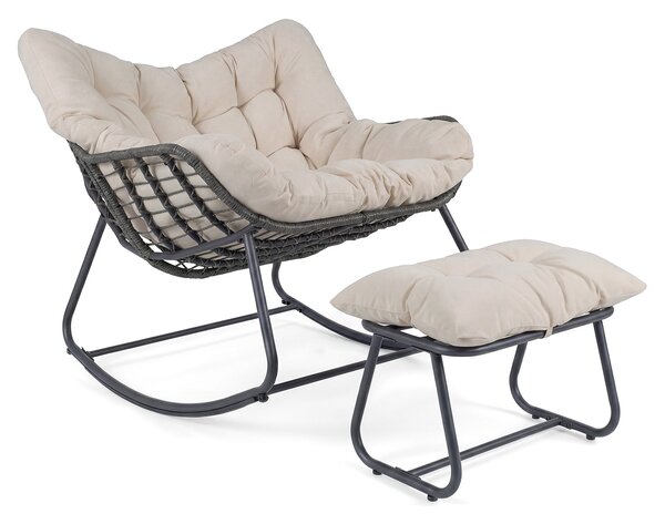 Costway Sedia a dondolo in rattan da interno ed esterno portata 150 kg, Poltrona a dondolo con poggiapiedi e cuscini rimovibili Beige
