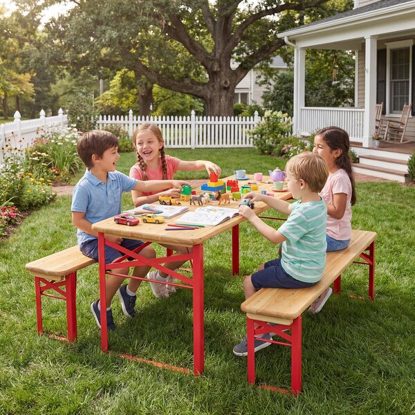 Costway Set 3 pezzi da birreria per bambini robusta struttura in metallo, Tavolo con 2 panche in legno pieghevole facile da riporre