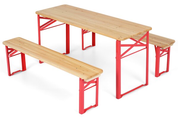 Costway Set 3 pezzi da birreria per bambini robusta struttura in metallo, Tavolo con 2 panche in legno pieghevole facile da riporre