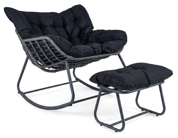 Costway Sedia a dondolo in rattan da interno ed esterno portata 150 kg, Poltrona a dondolo con poggiapiedi e cuscini rimovibili Nero