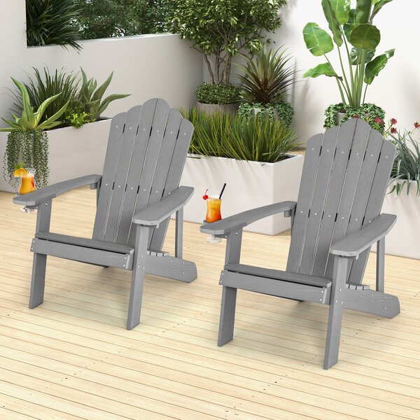Costway 2*Sedia adirondack da esterno con portabicchieri, Sedia resistente alle intemperie per cortile portata 170kg Grigia