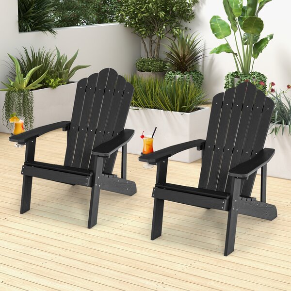 Costway 2*Sedia adirondack da esterno con portabicchieri, Sedia resistente alle intemperie per cortile portata 170kg Nera