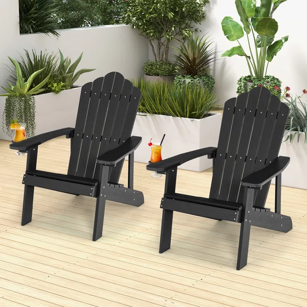 Costway 2*Sedia adirondack da esterno con portabicchieri, Sedia resistente alle intemperie per cortile portata 170kg Nera