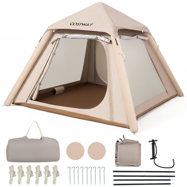 Costway Tenda da campeggio gonfiabile con 2 porte e finestre in rete copertura rimovibile pompa ad aria, Tenda da esterno impermeabile per 2-4 persone