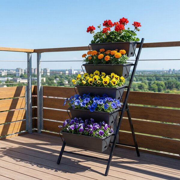 Costway Fioriera verticale con 5 vasi porta piante e fiori, Orto rialzato da giardino a scaletta buon drenaggio salvaspazio in metallo Nero