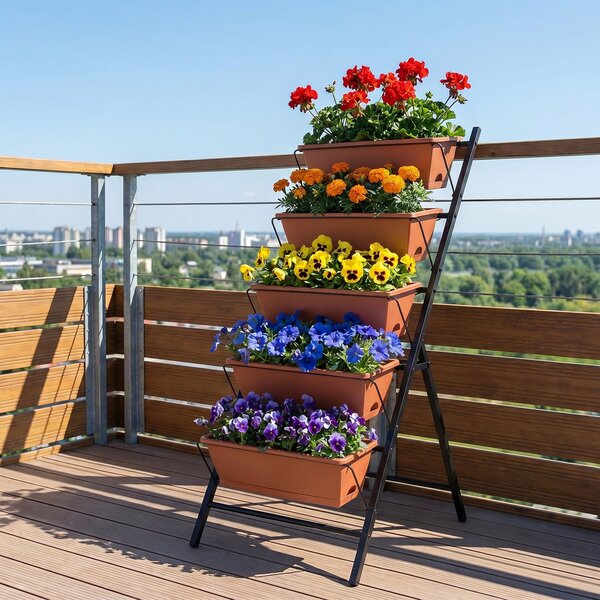 Costway Fioriera verticale con 5 vasi porta piante e fiori, Orto rialzato da giardino a scaletta buon drenaggio salvaspazio in metallo Marrone