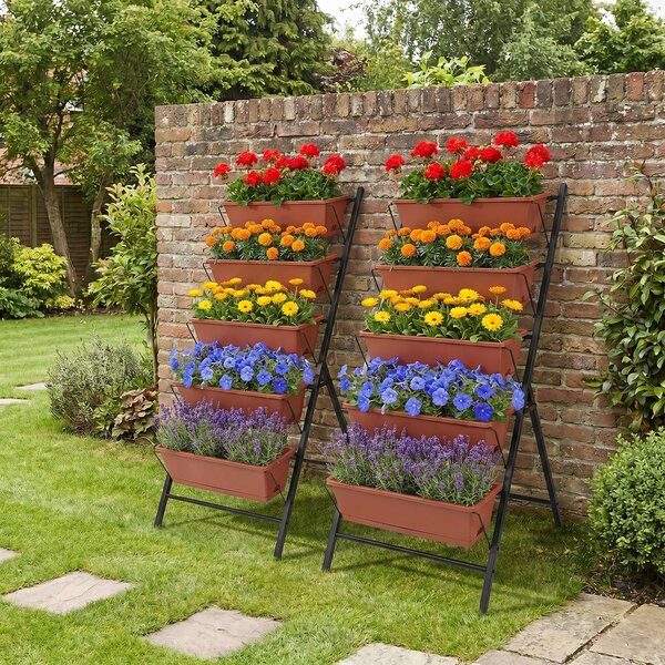 Costway Fioriera verticale con 5 vasi porta piante e fiori, Orto rialzato da giardino a scaletta buon drenaggio salvaspazio in metallo Marrone