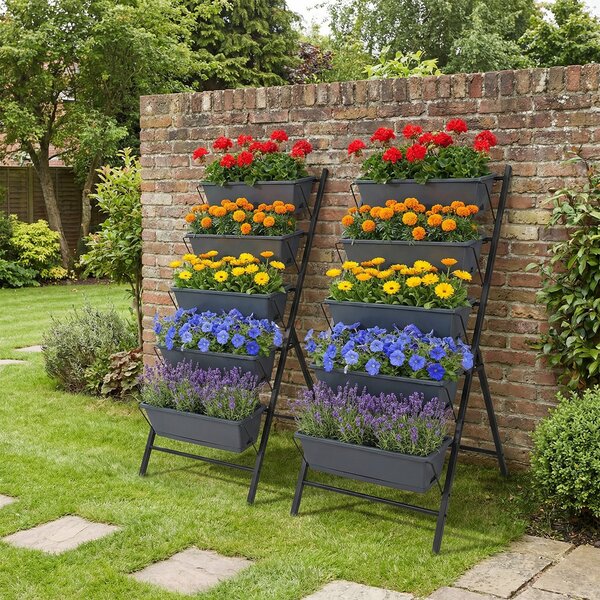 Costway Fioriera verticale con 5 vasi porta piante e fiori, Orto rialzato da giardino a scaletta buon drenaggio salvaspazio in metallo Nero