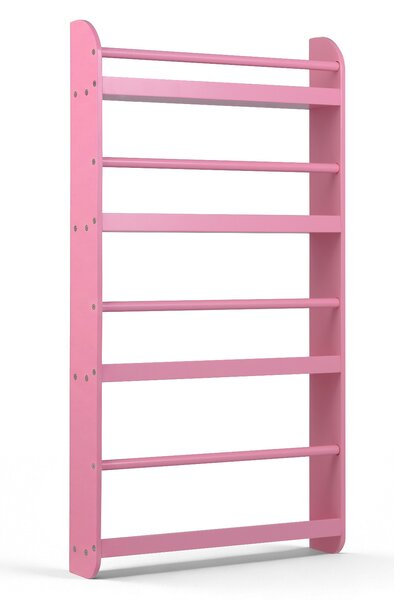 Costway Libreria da parete per bambini con barre di protezione e bordi rialzati, Scaffale portaoggetti a 4 livelli salvaspazio Rosa