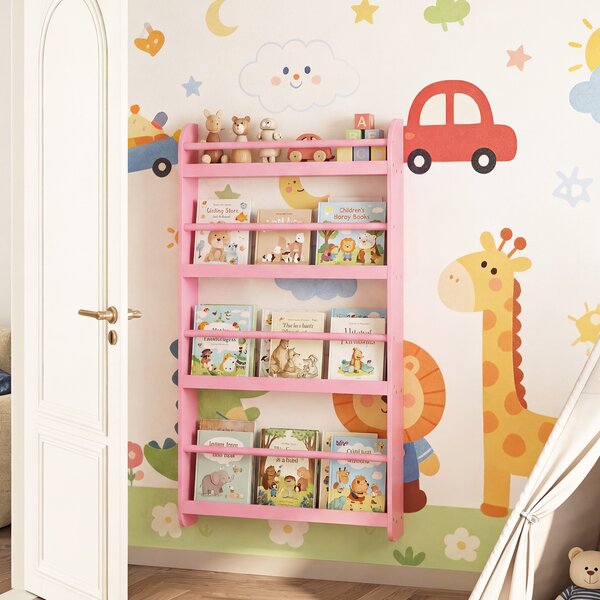Costway Libreria da parete per bambini con barre di protezione e bordi rialzati, Scaffale portaoggetti a 4 livelli salvaspazio Rosa