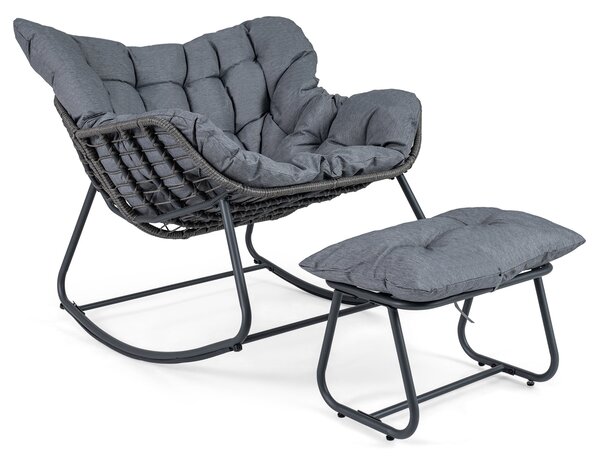 Costway Sedia a dondolo in rattan da interno ed esterno portata 150 kg, Poltrona a dondolo con poggiapiedi e cuscini rimovibili Grigio
