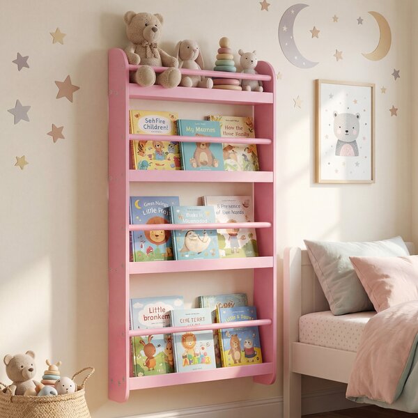 Costway Libreria da parete per bambini con barre di protezione e bordi rialzati, Scaffale portaoggetti a 4 livelli salvaspazio Rosa