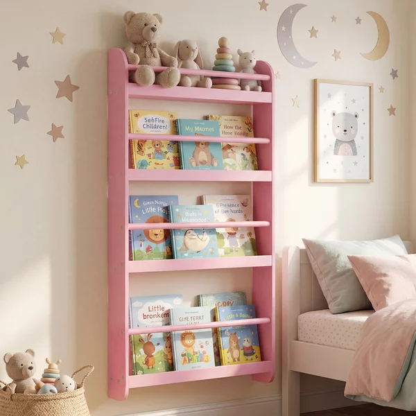 Costway Libreria da parete per bambini con barre di protezione e bordi rialzati, Scaffale portaoggetti a 4 livelli salvaspazio Rosa