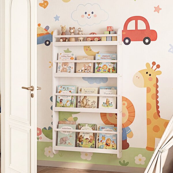 Costway Libreria da parete per bambini con barre di protezione e bordi rialzati, Scaffale portaoggetti a 4 livelli salvaspazio Bianco