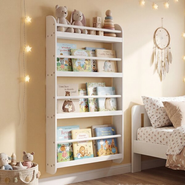 Costway Libreria da parete per bambini con barre di protezione e bordi rialzati, Scaffale portaoggetti a 4 livelli salvaspazio Bianco